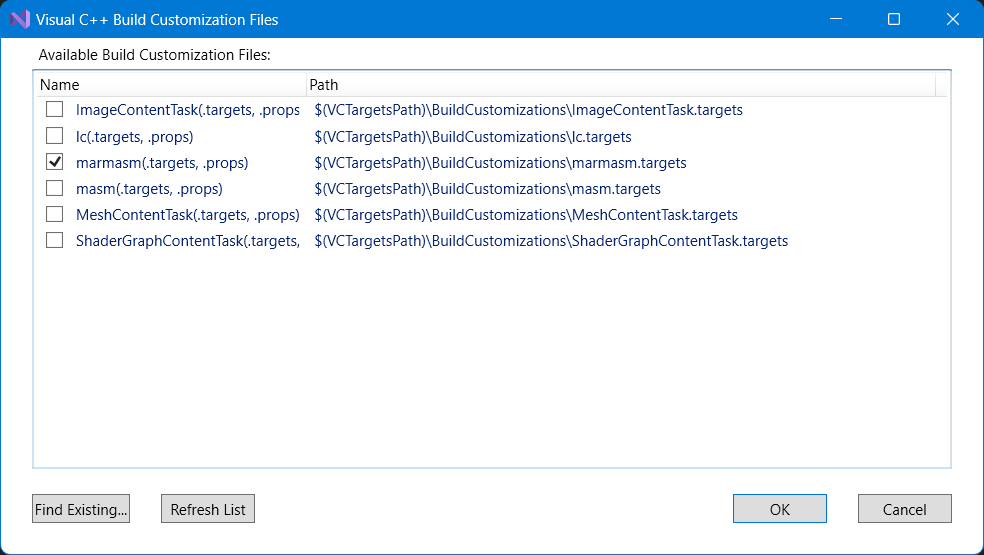 Microsoft ARM Assembler Build Customization