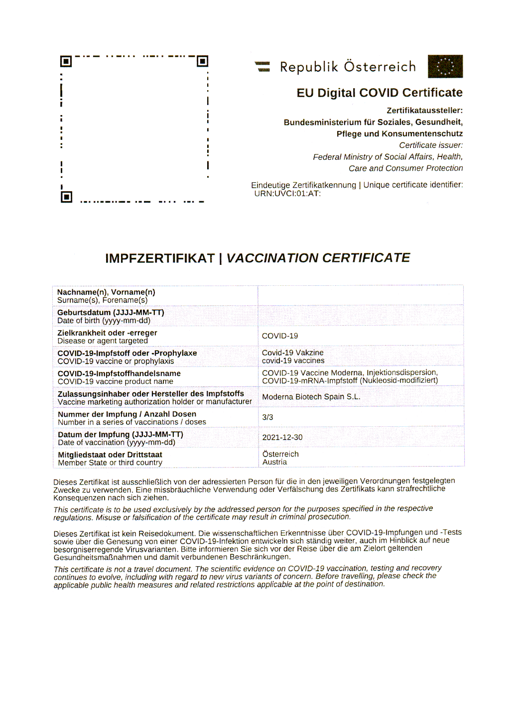 Vaccination certificate document